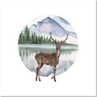 Watercolor Deer looking Posters and Art